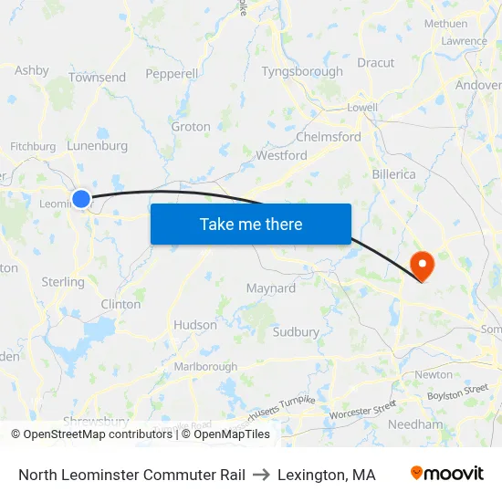 North Leominster Commuter Rail to Lexington, MA map