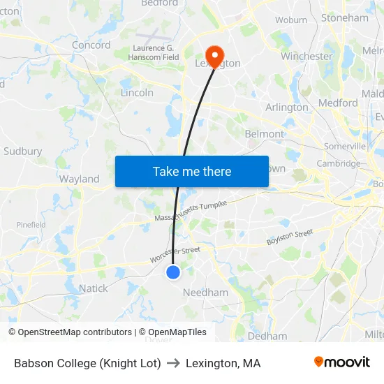 Babson College (Knight Lot) to Lexington, MA map