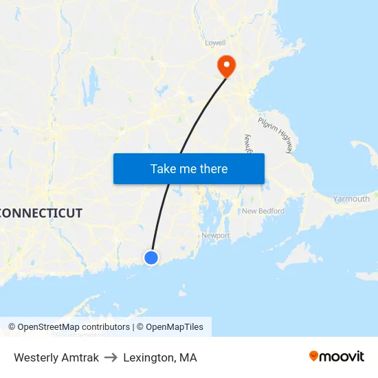 Westerly Amtrak to Lexington, MA map