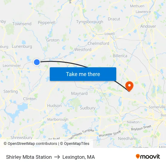 Shirley Mbta Station to Lexington, MA map