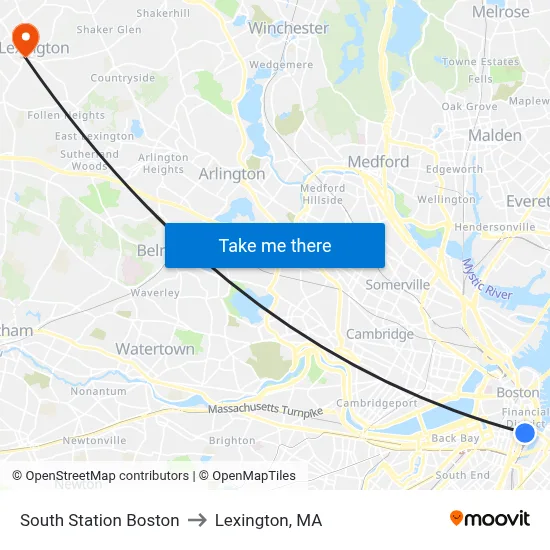 South Station Boston to Lexington, MA map