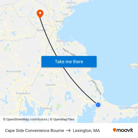 Cape Side Convenience Bourne to Lexington, MA map