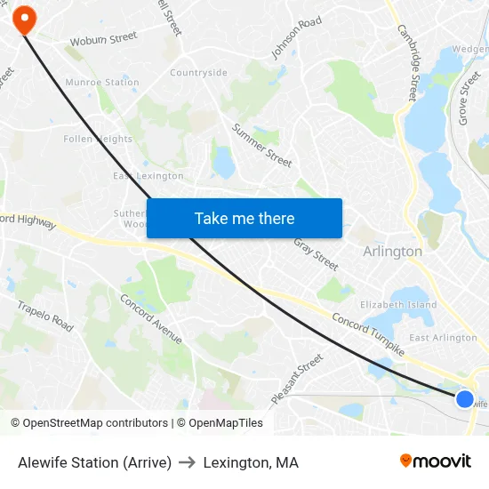 Alewife Station (Arrive) to Lexington, MA map