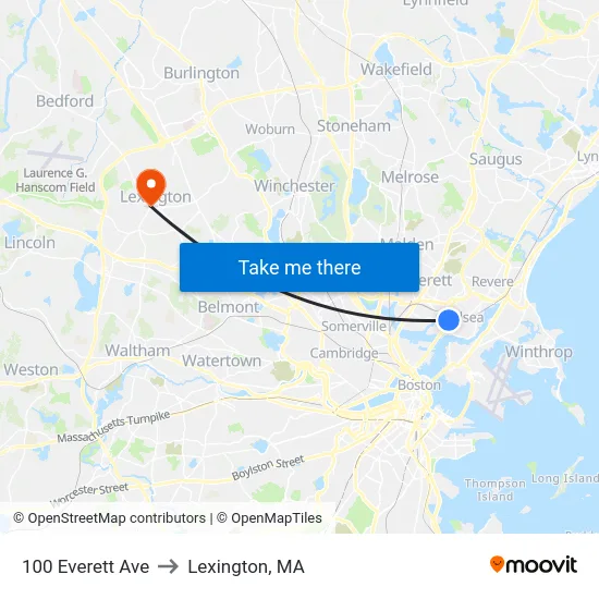 100 Everett Ave to Lexington, MA map