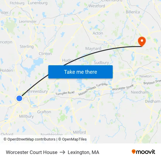 Worcester Court House to Lexington, MA map