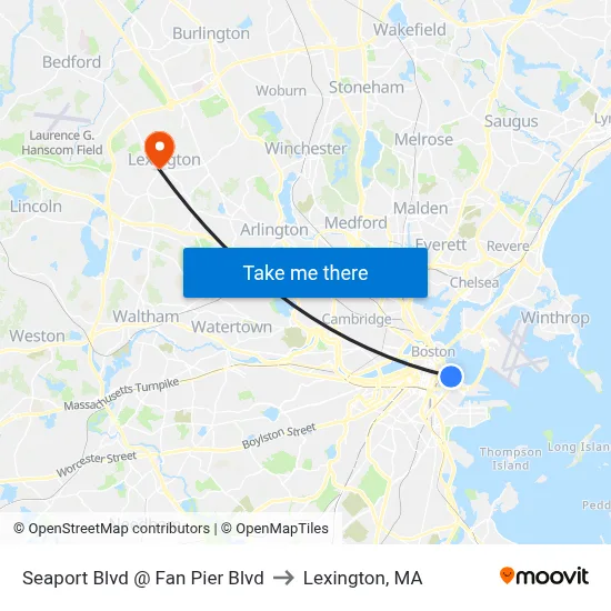 Seaport Blvd @ Fan Pier Blvd to Lexington, MA map