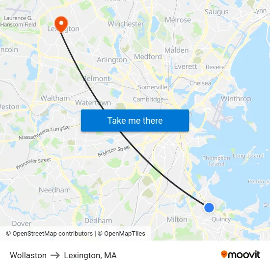 Wollaston to Lexington, MA map