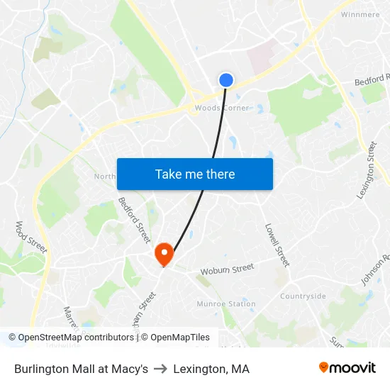 Burlington Mall at Macy's to Lexington, MA map