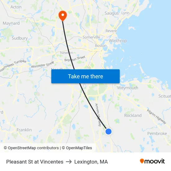 Pleasant St at Vincentes to Lexington, MA map