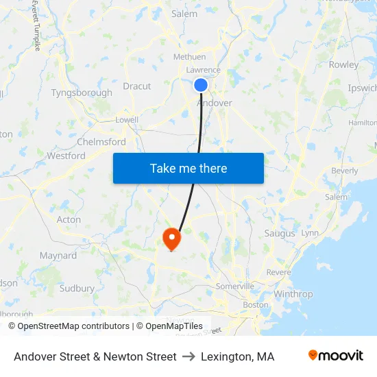 Andover Street & Newton Street to Lexington, MA map