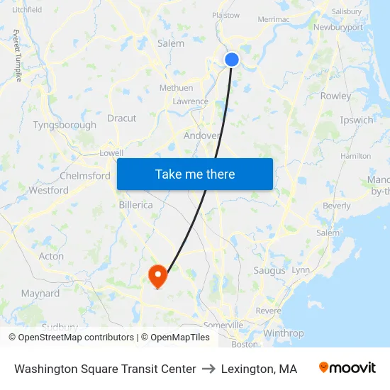 Washington Square Transit Center to Lexington, MA map