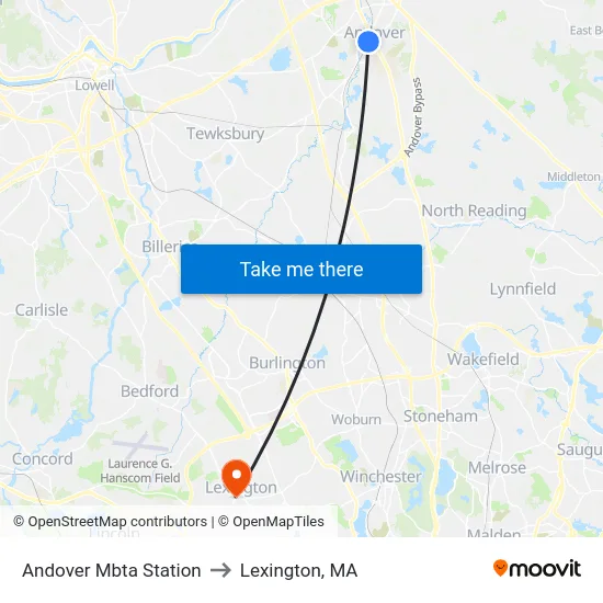 Andover Mbta Station to Lexington, MA map
