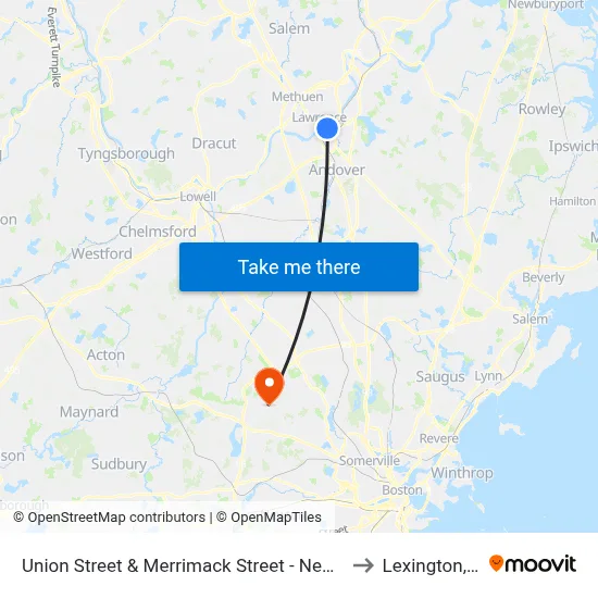 Union Street & Merrimack Street - New Balance to Lexington, MA map