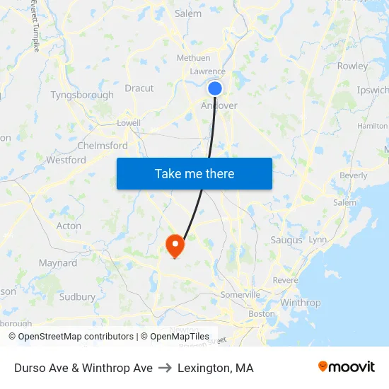 Durso Ave & Winthrop Ave to Lexington, MA map
