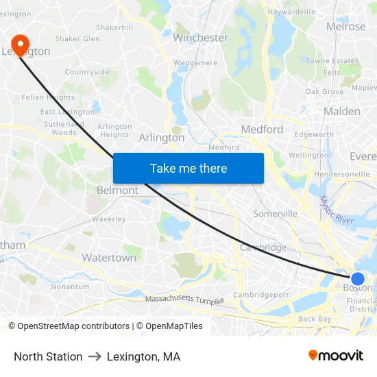 North Station to Lexington, MA map
