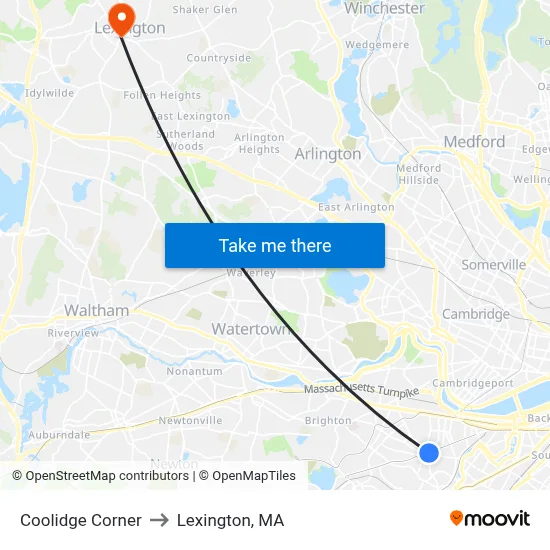 Coolidge Corner to Lexington, MA map