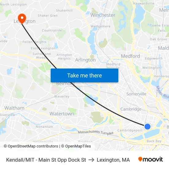 Kendall/MIT - Main St Opp Dock St to Lexington, MA map