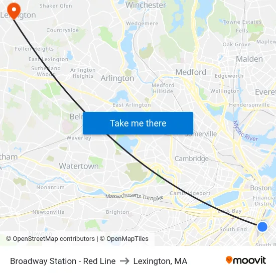 Broadway Station - Red Line to Lexington, MA map