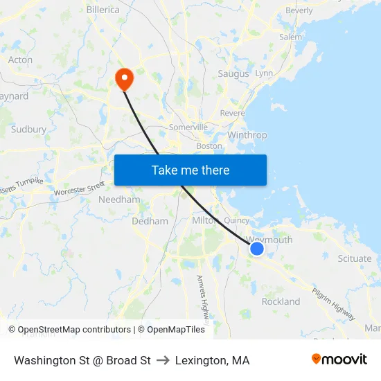 Washington St @ Broad St to Lexington, MA map