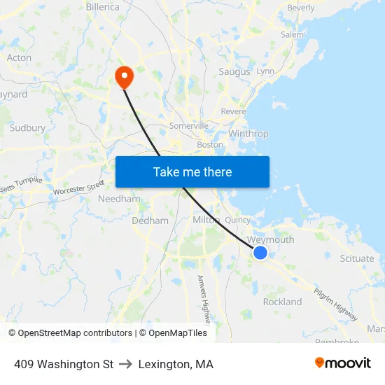 409 Washington St to Lexington, MA map