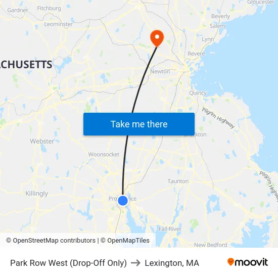 Park Row West (Drop-Off Only) to Lexington, MA map