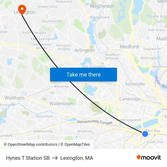 Hynes T Station SB to Lexington, MA map