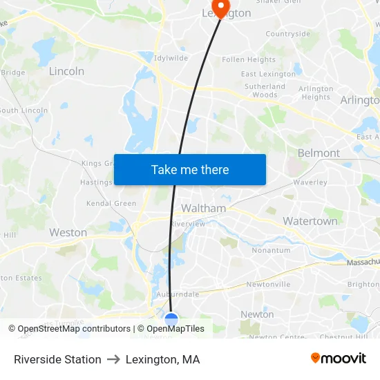 Riverside Station to Lexington, MA map