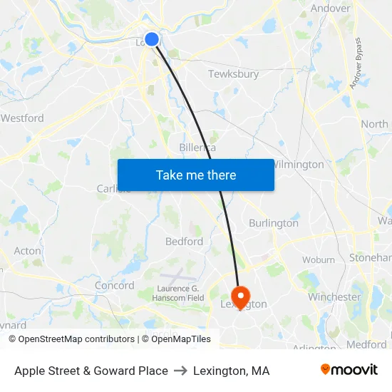 Apple Street & Goward Place to Lexington, MA map