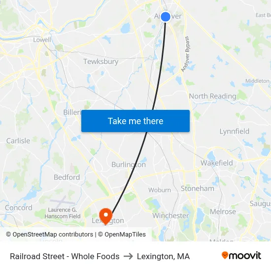 Railroad Street - Whole Foods to Lexington, MA map