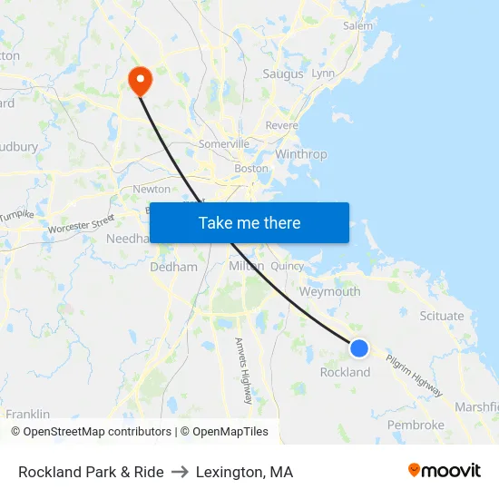 Rockland Park & Ride to Lexington, MA map