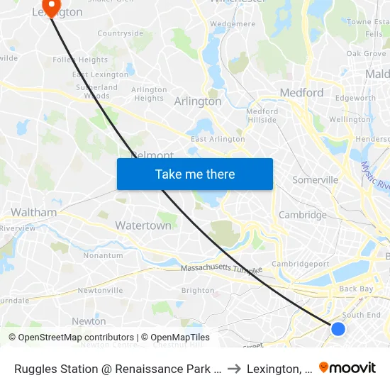Ruggles Station @ Renaissance Park Garage to Lexington, MA map