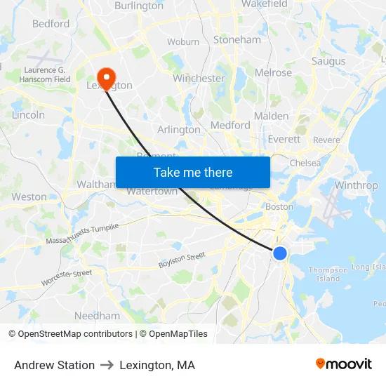 Andrew Station to Lexington, MA map