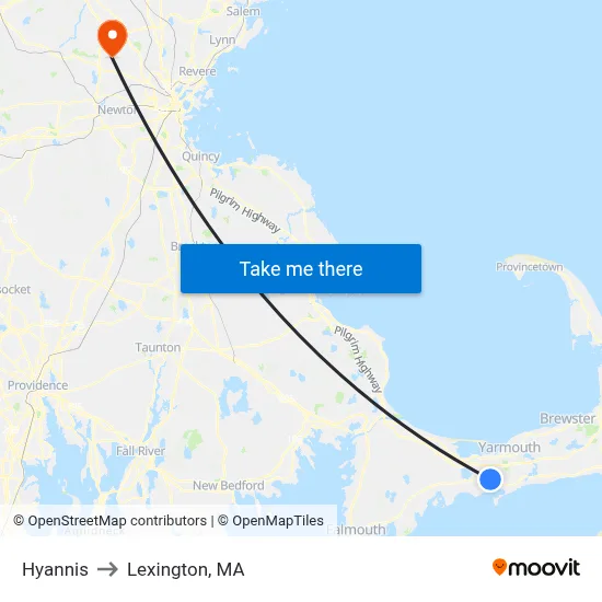 Hyannis to Lexington, MA map