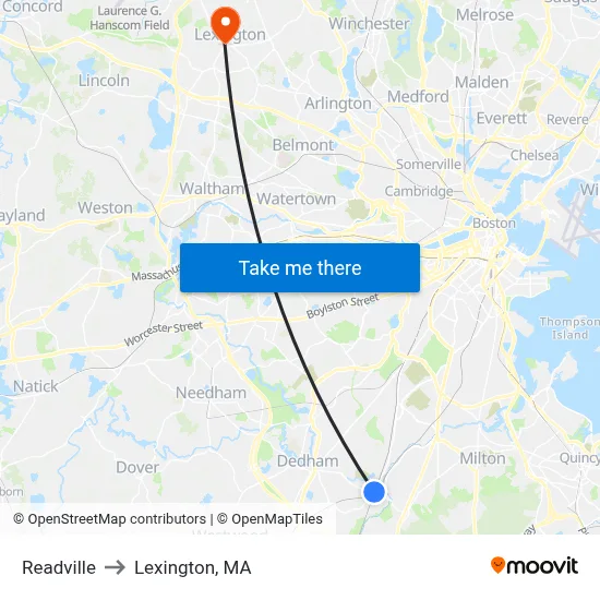 Readville to Lexington, MA map