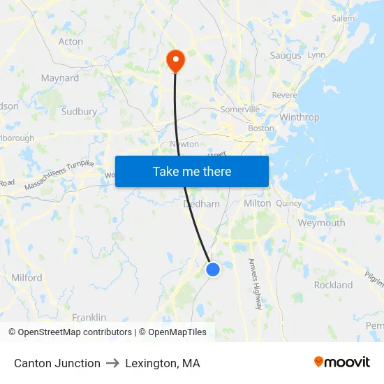 Canton Junction to Lexington, MA map
