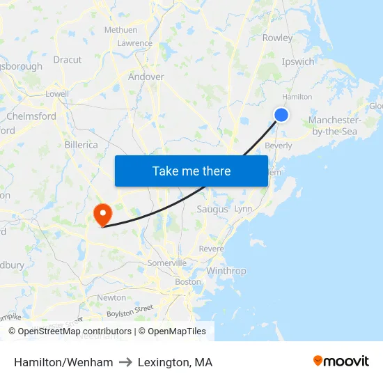Hamilton/Wenham to Lexington, MA map
