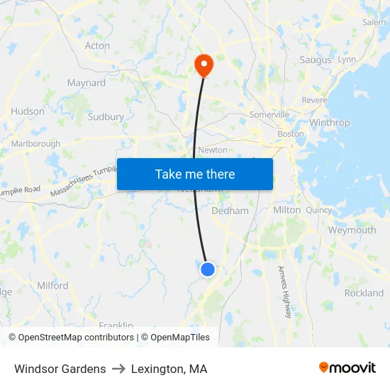 Windsor Gardens to Lexington, MA map