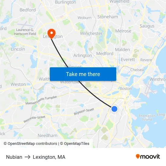 Nubian to Lexington, MA map