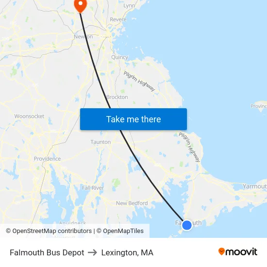 Falmouth Bus Depot to Lexington, MA map