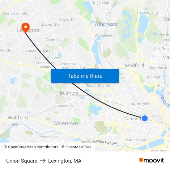 Union Square to Lexington, MA map