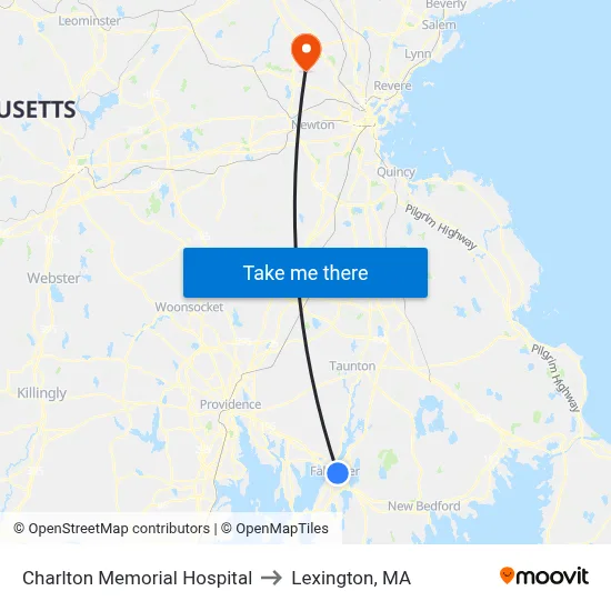 Charlton Memorial Hospital to Lexington, MA map