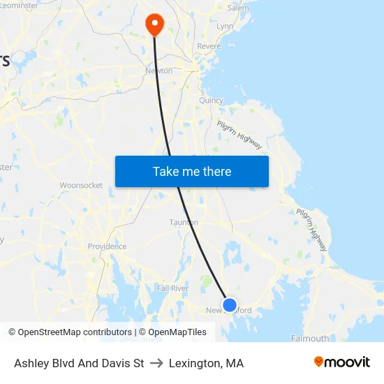 Ashley Blvd And Davis St to Lexington, MA map
