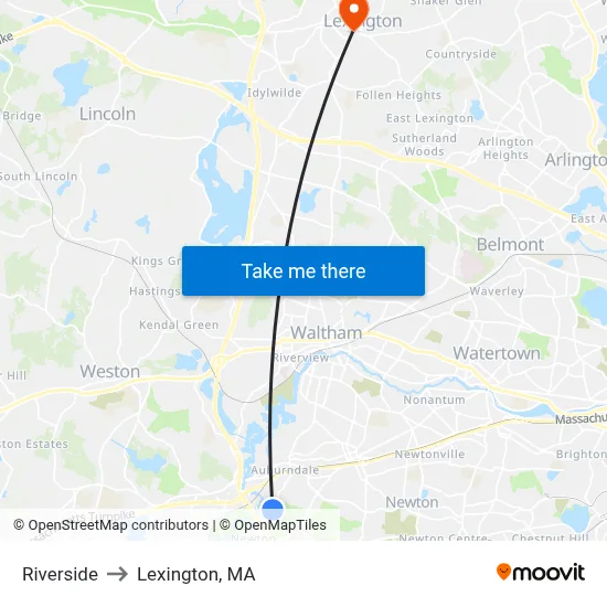 Riverside to Lexington, MA map