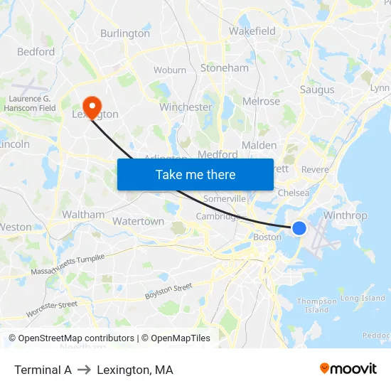 Terminal A to Lexington, MA map