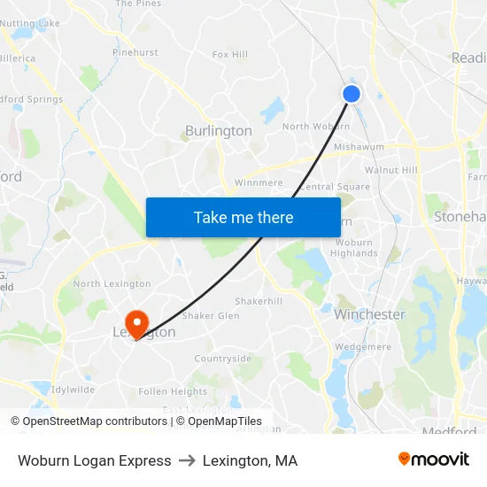 Woburn Logan Express to Lexington, MA map