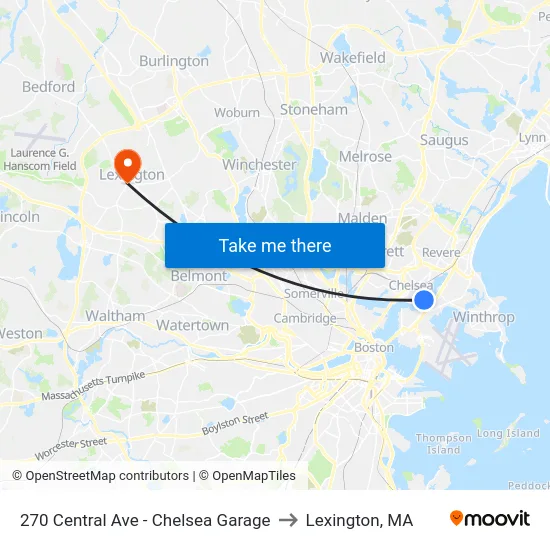270 Central Ave - Chelsea Garage to Lexington, MA map