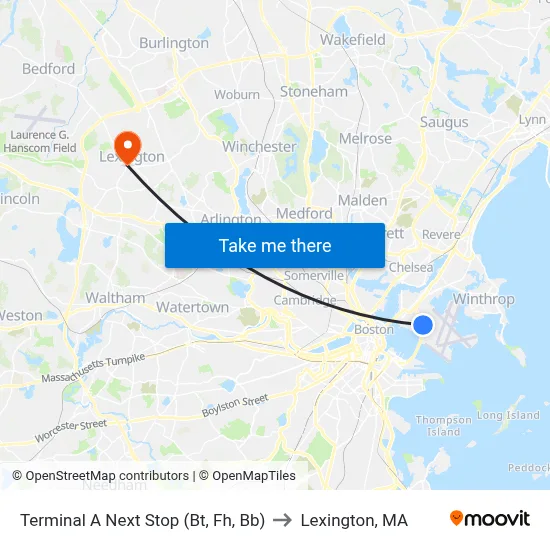 Terminal A Next Stop (Bt, Fh, Bb) to Lexington, MA map