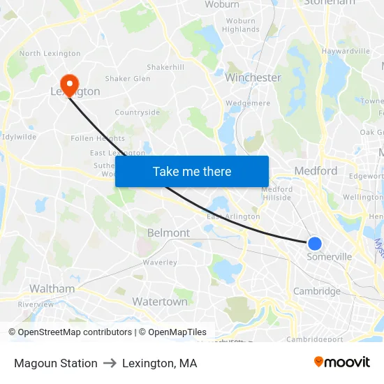 Magoun Station to Lexington, MA map