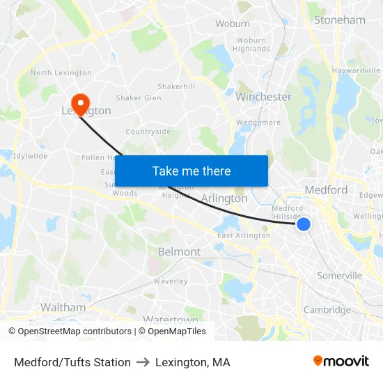 Medford/Tufts Station to Lexington, MA map