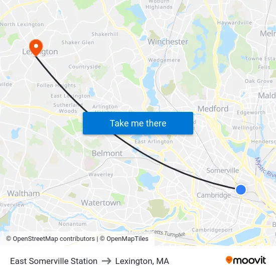 East Somerville Station to Lexington, MA map